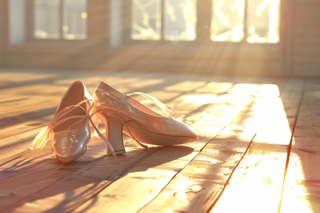 Eleganti scarpe da balletto su un pavimento di legno al sole