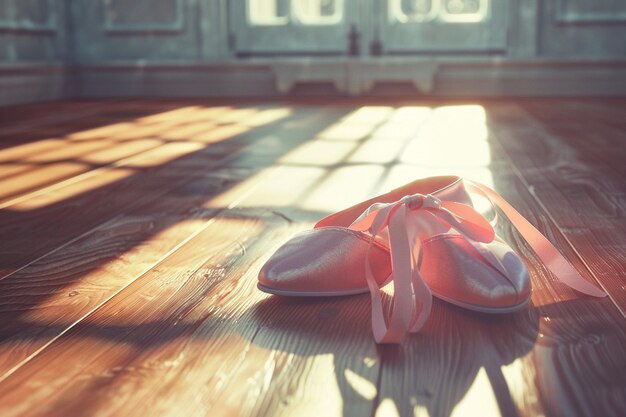 Eleganti scarpe da balletto su un pavimento di legno al sole