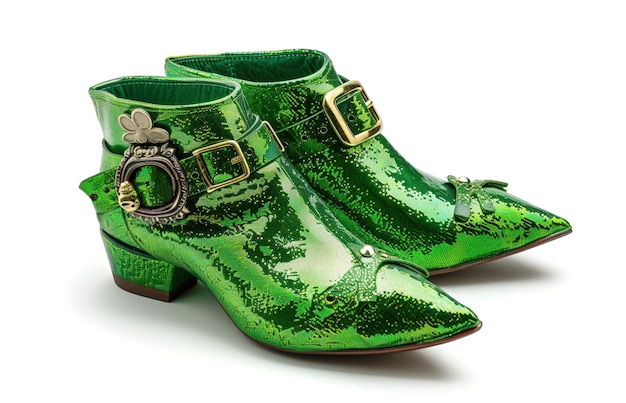 Eleganti scarpe di leprechaun verdi luccicanti isolate su uno sfondo bianco