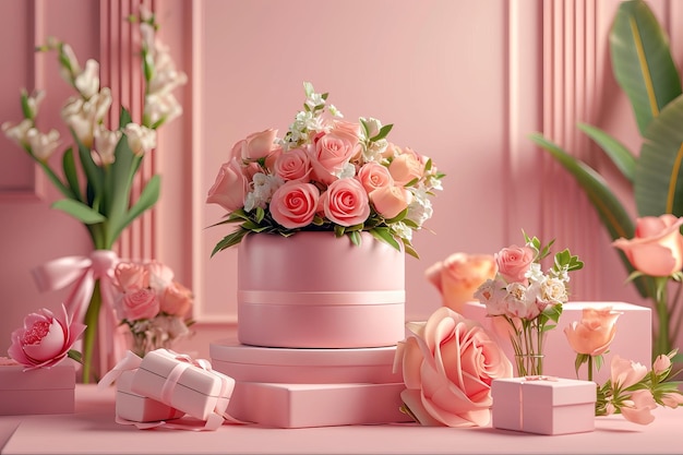 Eleganti scatole regalo rosa con nastri e un bouquet di rose su uno sfondo rosa perfette per il matrimonio