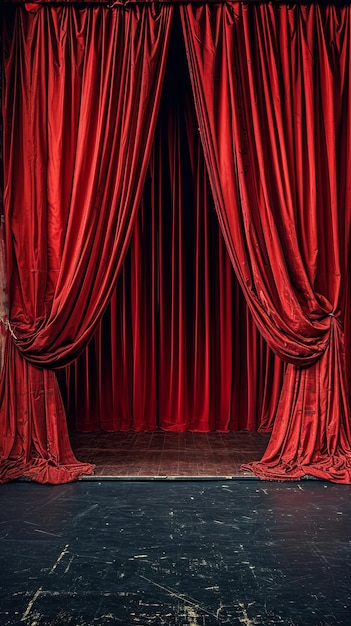 Eleganti tende rosse del teatro che si aprono su un palco vuoto