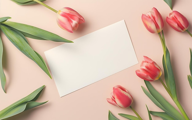 Eleganti tulipani bianchi e biglietto di auguri bianco su sfondo pastello