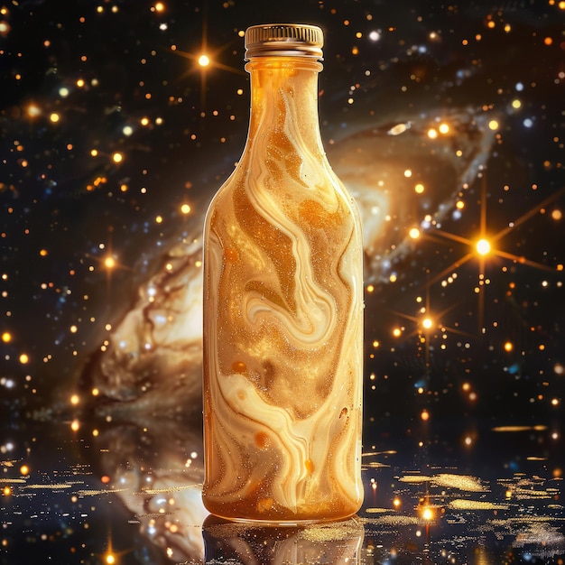 Eleganza cosmica Milkshake al caramello naturale in una bottiglia sullo sfondo della galassia