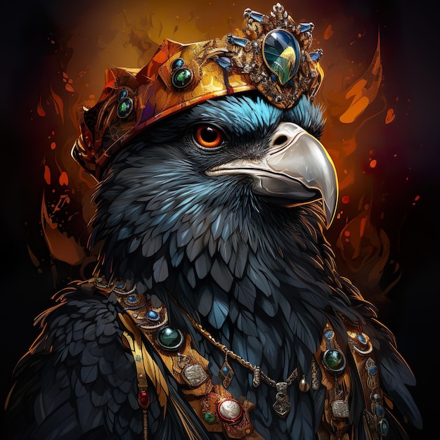Eleganza crescente Maestosa Aquila dei cartoni animati in una posa regale che indossa la corona e l'arte vettoriale della veste reale