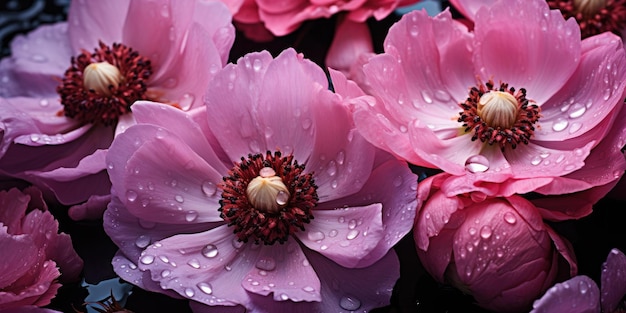 Eleganza del giorno piovoso Closeup di fiori e foglie con gocce d'acqua