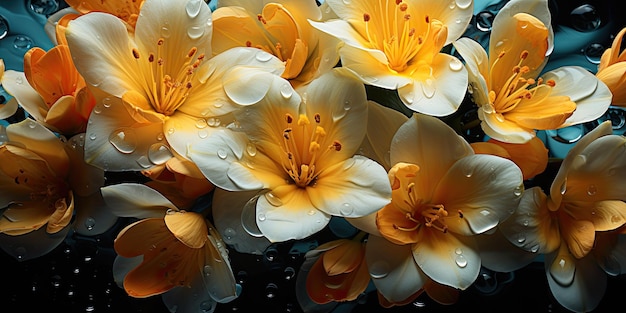 Eleganza del giorno piovoso Closeup di fiori e foglie con gocce d'acqua