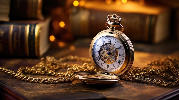 eleganza del passato con un orologio da tasca vintage e una collezione di vecchi libri abbracciare il fascino della storia e della letteratura