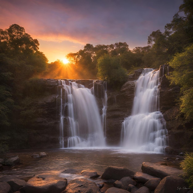 Eleganza dell'alba Cattura una cascata bagnata dalla luce morbida dell'albe