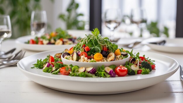 eleganza della cucina vegetariana sullo sfondo di un tavolo di legno bianco in un ristorante elegante