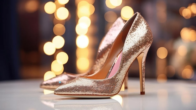 Eleganza dorata belle scarpe a tacco alto luccicante su uno scaffale di vetro Ideale per accessori da matrimonio