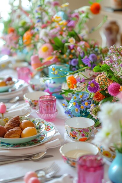 Eleganza e gioia alla tavola pasquale Una bella disposizione di fiori primaverili e dolcetti stagionali