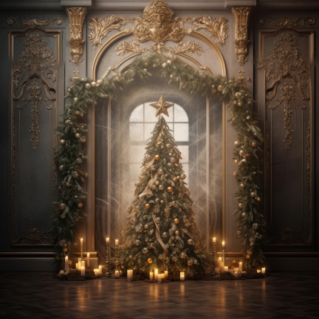 Eleganza festiva Rinascimento accattivante Studio di foto natalizia sullo sfondo con albero di Natale ornato