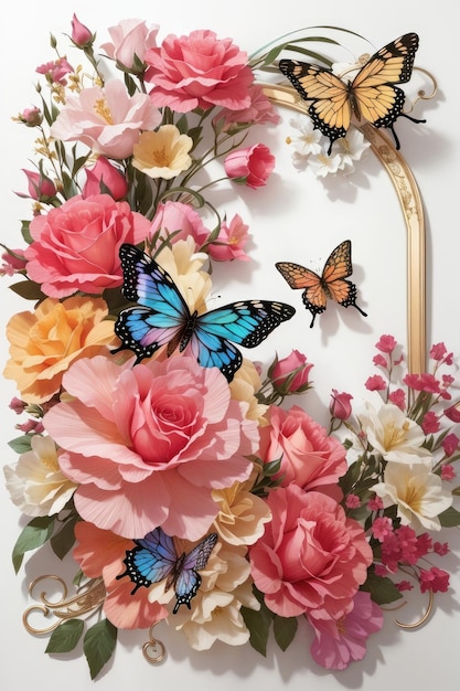 Eleganza floreale Un accattivante assemblaggio di farfalle, rose di ibisco e peonie in una cornice incantevole