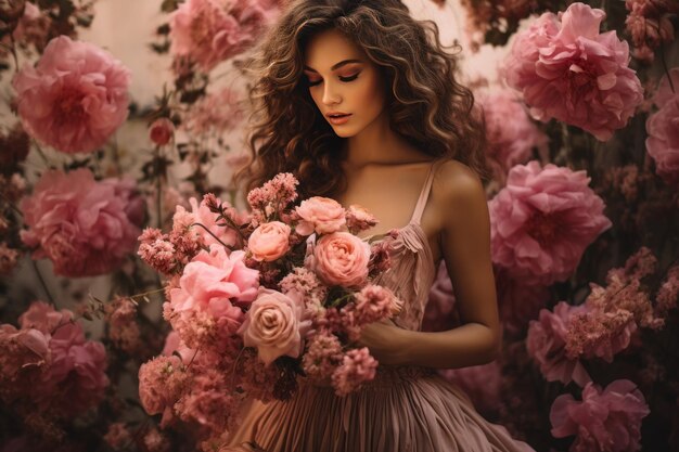 Eleganza in fiore Una donna che abbraccia la bellezza del rosa in un insieme floreale 32