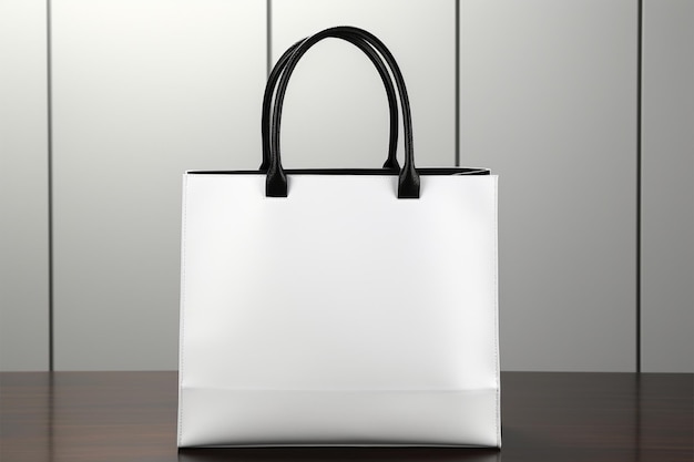 Eleganza minimalista Borsa nera su un tavolo in legno bianco