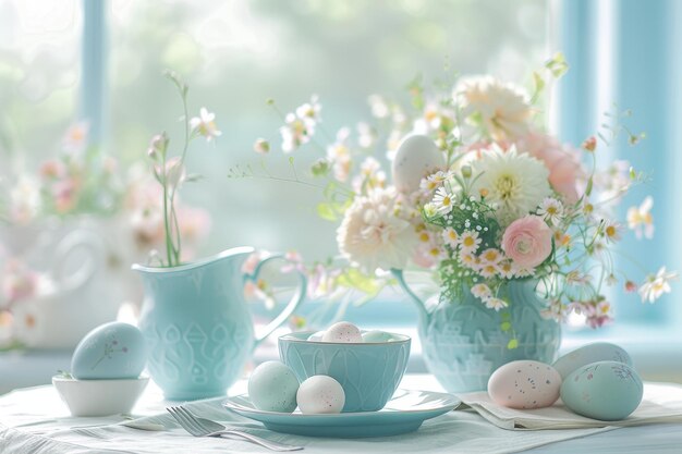 Eleganza pasquale Una serena colazione con tocchi floreali Pronta per i giorni di allegria