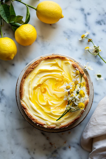 Eleganza primaverile Composizione semplice di cheesecake al limone con farmcore chic