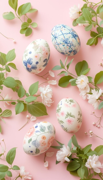 Eleganza primaverile uova di Pasqua a disegni floreali su sfondo pastello