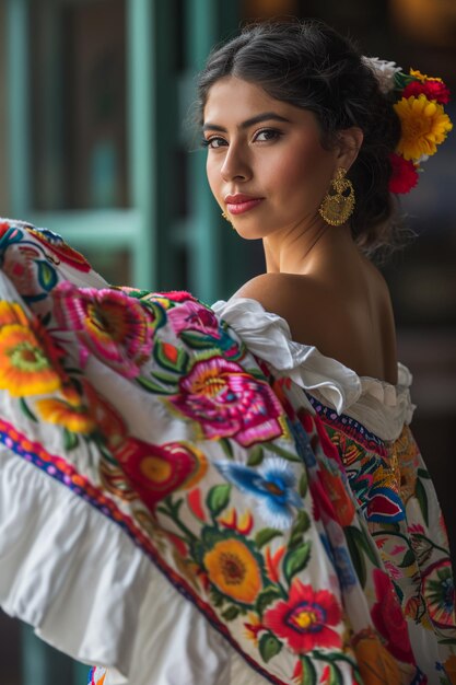 Eleganza ritmica Donna che abbraccia lo spirito delle tradizioni popolari messicane