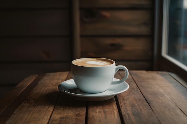 Eleganza rustica tazza di caffè vuota su tavolo di legno