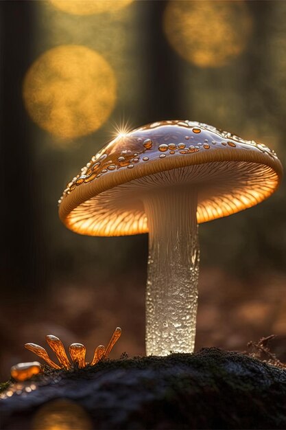 Eleganza scintillante Bella fotografia macro di funghi bagnati traslucidi