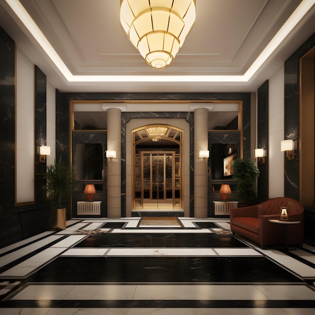 Eleganza senza tempo Simmetria neoclassica nella hall di un luxury business hotel