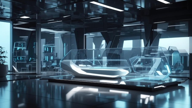 Eleganza traslucida Una futuristica sala di vetro in rendering 3D cinematografico