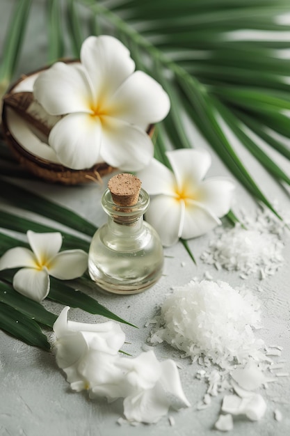 Eleganza tropicale Closeup dei tesori naturali della spa con olio di cocco e fiori esotici
