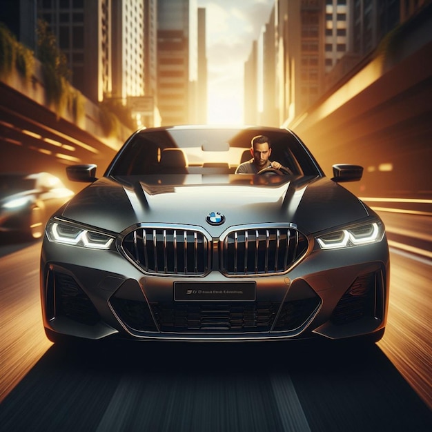 eleganza urbana BMW irradia in calda sera luce linee eleganti e dettagli cromati contro la città