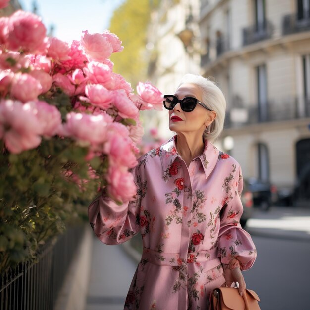 Eleggiante anziana con un vestito rosa floreale che puzza di rose