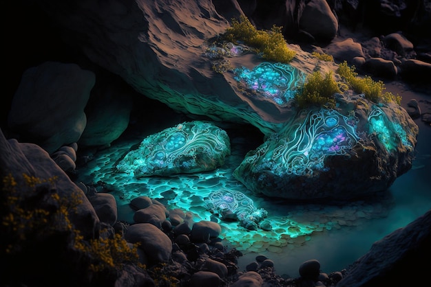 Elementali dell'acqua eterea bioluminescenti che nidificano in una pozza rocciosa