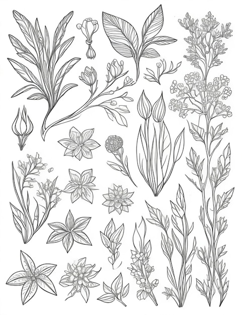 Elementi botanici fiori e set di rami Illustrazione vettoriale in stile Line art