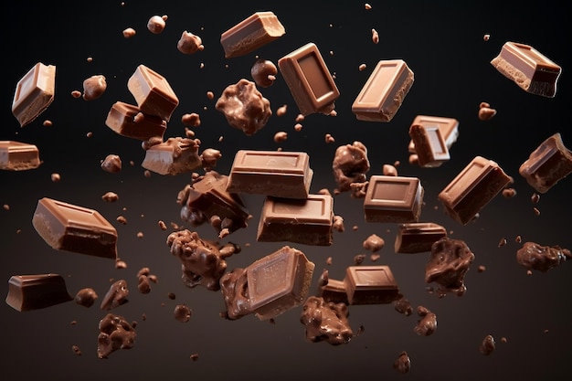 Elementi di cioccolato che scendono realisticamente su sfondo nero AI generativa