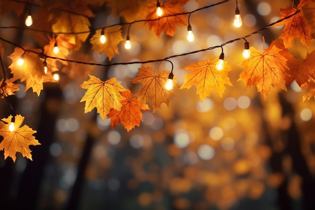 Elementi di decorazione di un albero d'autunno con foglie ingiallite Atmosfera romantica serata accogliente di autunno