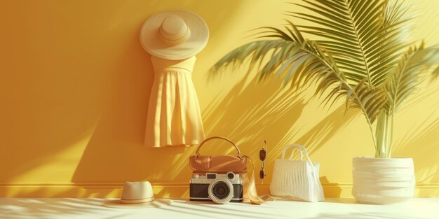 Elementi di decorazione per le vacanze della macchina fotografica vestito estivo e cappello moda estiva