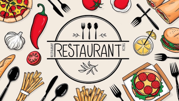 Elementi di fast food disegnati a mano e collezione di posate