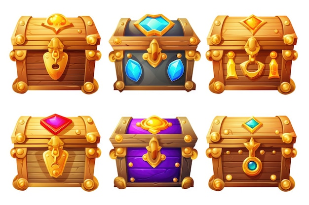 Elementi di gioco di cartoni animati Casse del tesoro cartoni animato Set vettoriale cassa del bottino