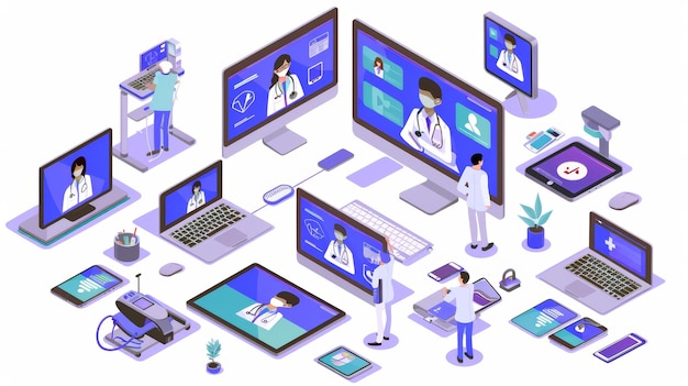 Elementi di medicina online con pazienti che ricevono video consulenza 3D isometrica isolata illustra