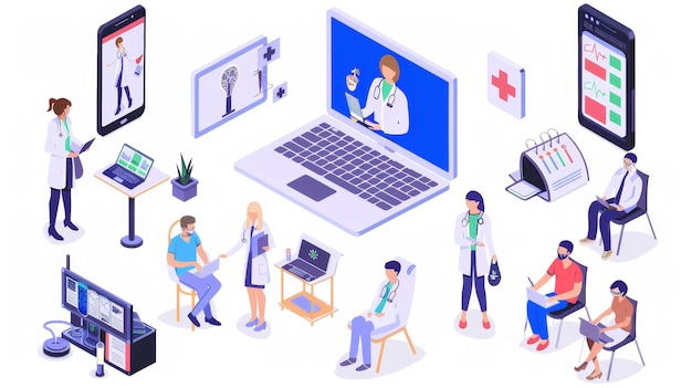 Elementi di medicina online con pazienti che ricevono video consulenza 3D isometrica isolata illustra
