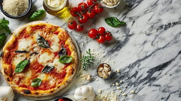 Elementi di pizza napoletana su bancone in marmo classico