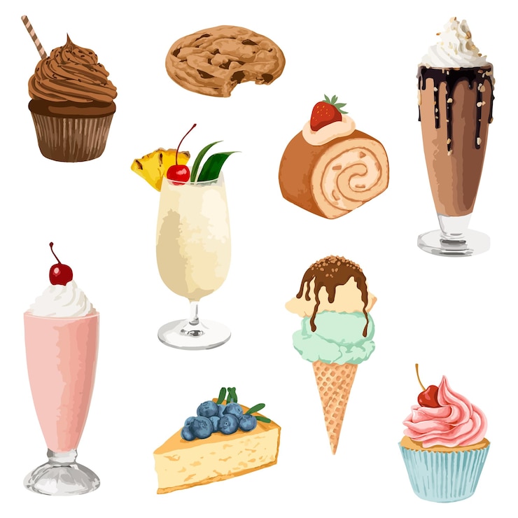 Foto elementi di progettazione del set di sovrapposizione di adesivi per dessert vettorializzati