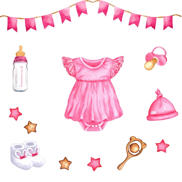 elementi isolati dell'acquerello neonato bambina vestito stivaletti bottiglia ciuccio clipart