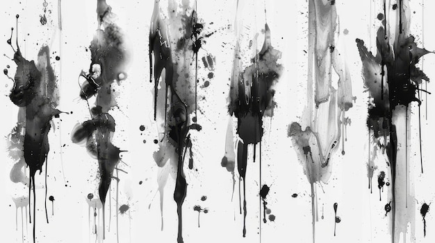 Elementi moderni di vernice a spruzzo isolati su uno sfondo bianco Set di macchie di cornice con estremità rotonde nere Linee nere e gocce e macchie di inchiostro