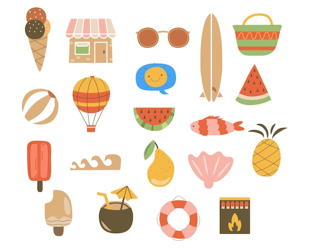Elementi piatti estivi Semplici simboli e icone delle vacanze set di tavola da surf ananas Illustrazione di scorta