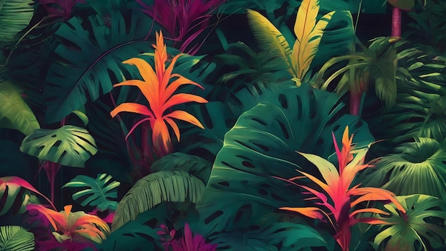 Elementi surreali e umorici con piante tropicali vivaci sfondo tropicale giungla carta da parati piante floreali foglie illustrazione sfondo tropicale colorato AI generativo