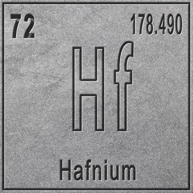 Elemento chimico afnio, segno con numero atomico e peso atomico, elemento tavola periodica, fondo argento