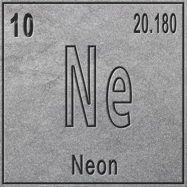 Elemento chimico al neon, segno con numero atomico e peso atomico, elemento tavola periodica, fondo argento