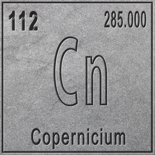 Elemento chimico copernicio, segno con numero atomico e peso atomico, elemento tavola periodica, fondo argento