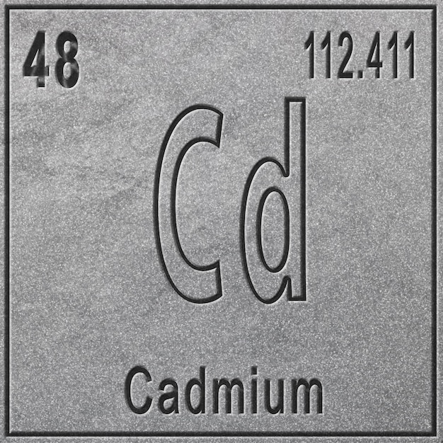Elemento chimico di cadmio, segno con numero atomico e peso atomico, elemento tavola periodica, fondo argento