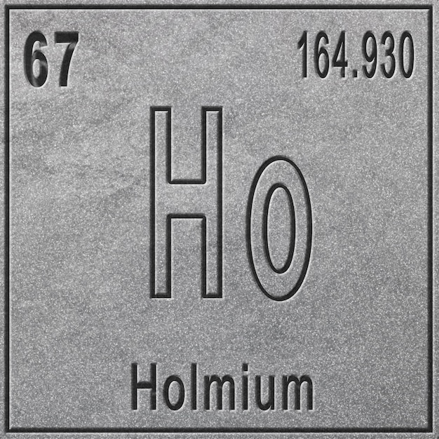 Elemento chimico di olmio, segno con numero atomico e peso atomico, elemento tavola periodica, fondo argento